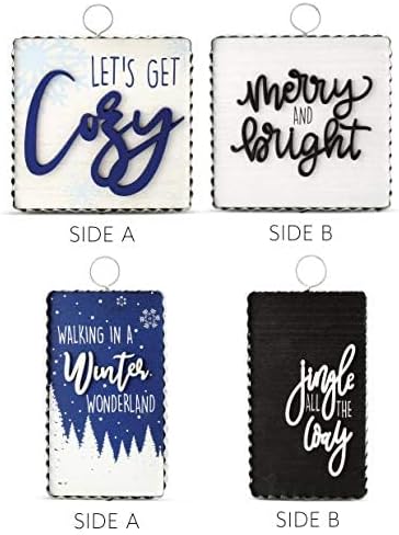 AuldHome Design Reversible Christmas/Winter Sign Set (2-Piece Set w/ 4 Designs); Holiday and Seasonal Block Signs w/ Rustic Farmhouse Galvanized Frames