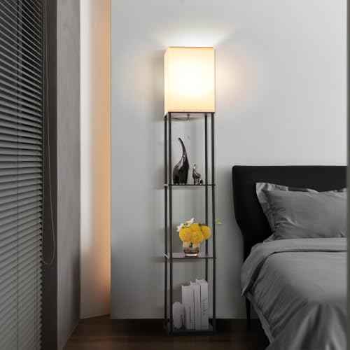 Floor Lamp with Shelves, with Modern Square Standing Lamp with Smart APP Control RGB Bulb, Corner Display Bookshelf Lamp for Living Room, Bedroom and Office (black-9RGB)