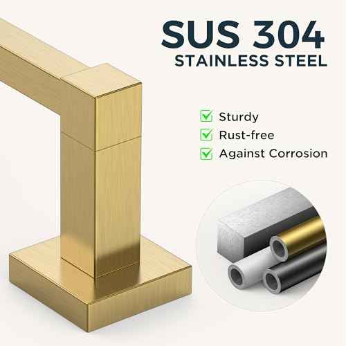 FORIOUS Toilet Paper Holder Set Wall Mount, SUS 304 Stainless Steel Pivoting Toilet Paper Holder and Towel Ring, Hand Towel Holder Set for Bathroom, Square Bathroom Hardware Set, Brushed Gold