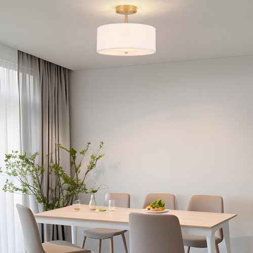 3-Light Semi Flush Mount Ceiling Light Modern Gold Drum Light Fixtures with White Fabric Cover Shade Round Chandelier for Bedroom Living Room Kitchen and Hallway