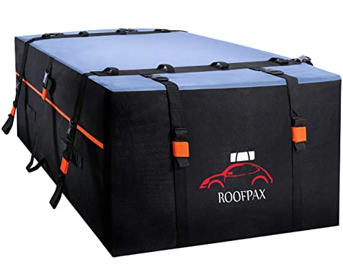 RoofPax Car Rooftop Cargo Carrier Bag Waterproof Storage - Including Double Zippers Integrated Mat 15 cft. 10 Heavy-Duty Tie-Down Straps fit Cars with/Without Roof Top Rack or Side Rails.