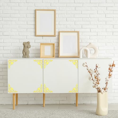 uxcell 4 Pcs Self-Adhesive Wall Sticker Mirror Decals, Acrylic Hollow Mirror Tiles Sticker Applique Corner Hollow Stickers for Home Room Background Decoration, Light Gold (10x10cm)