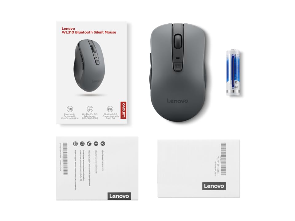 Lenovo WL310 Bluetooth Silent Mouse, Ergonomic, Adjustable DPI, Silent Clicks, Bluetooth 5.0, Portable for Windows, Mac, and Chromebook, Grey