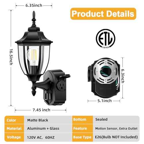 Porch Lights with Outlet, Motion Sensor Outdoor Lights, Updated Dusk to Dawn Exterior Lighting Fixtures, Waterproof Anti-Rust Aluminum Outside Light for House Entryway Garage, Black