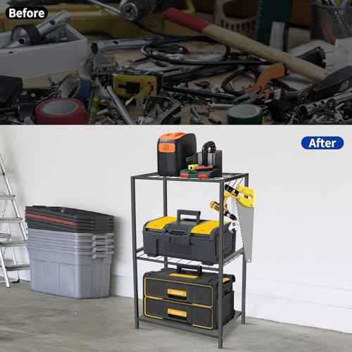 Garden Tool Organizer - Yard Tool Storage and Organizers, Utility Rack with 3 Hooks, Garden Yard Tool Stand Tower Racks, Tool Holder for Broom, Shovel, Rake, Mop, Garage Organization, Black