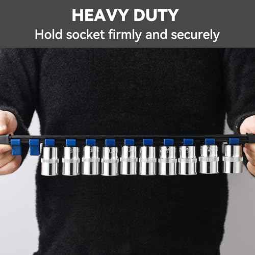ALOANES 9PC ABS Socket Organizer, 1/2 inch, 3/8 inch and 1/4 inch Drive Socket Rail Holders, Heavy Duty Socket Racks, Black Rails with Red Blue Black Clips