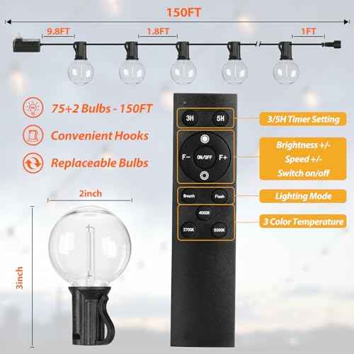 150FT LED Outdoor String Lights with 3 Color Lights, Dimmable String Lights for Outside with Remote, G40 Globe Waterproof Patio Lights with 75+2 Shatterproof Bulbs for Party Backyard BBQ House Camping