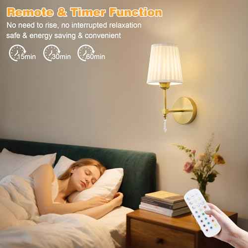 Battery Operated Wall Sconce Set of 2, 10000 Mah Rechargeable Wall Sconces Dimmable 12 RGBS,Remote Wireless Sconces,Gold Sconces Wall Decor Set of 2 Fabric,Cordless Wall Lamp for Bedroom,Living Room