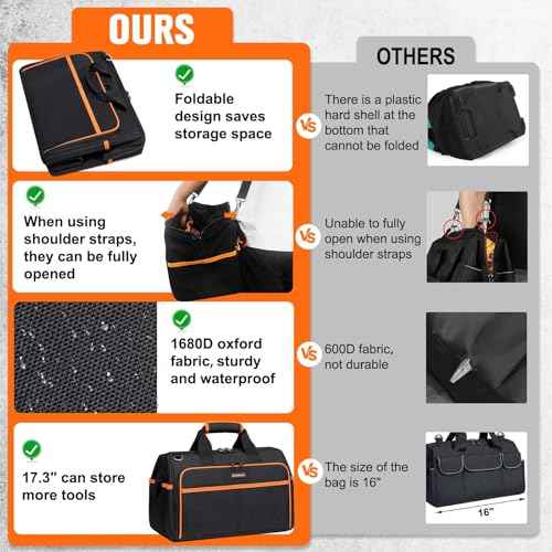 Heavy Duty Tool Bag 17.3-Inch, 26-Pocket Large Tool Bags for Men Women with Adjustable Shoulder Strap,Waterproof, Foldable Tool Bag Organizer for HVAC Electricians Mechanics Craftsman Contractor