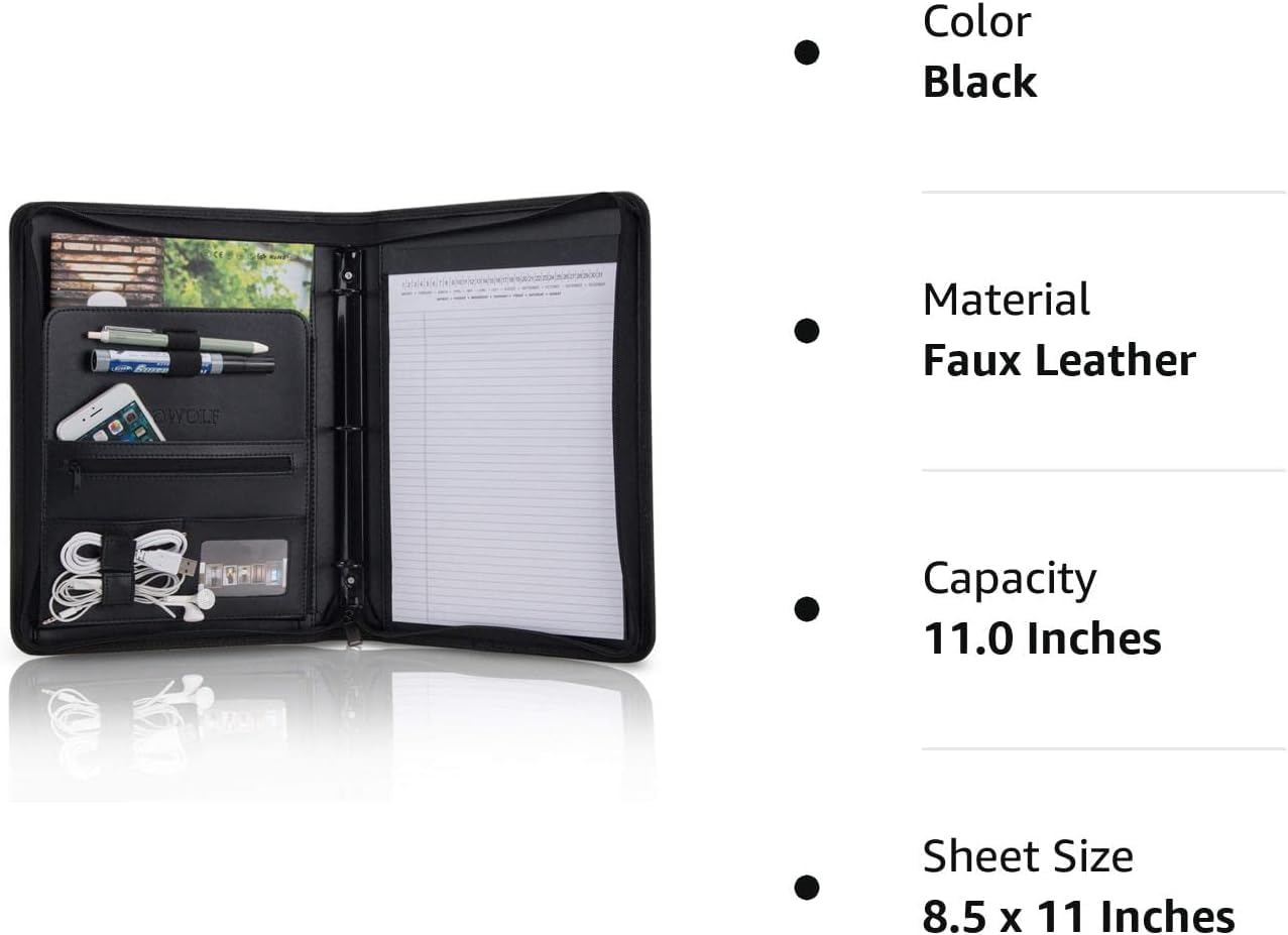OOWOLF Padfolio Portfolio Folder, PU Leather Professional with Round Ring Binder 8.5 x 11 Inch Writing Pad Tablet Sleeve Interview Resume Document Organizer Business Card Holder Zippered Closure