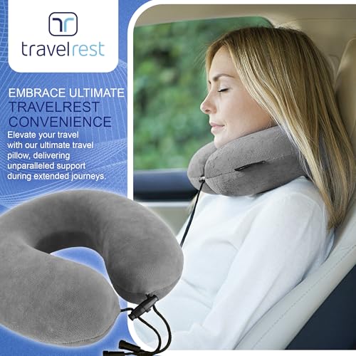 TRAVELREST Nest Neck Pillow Travel Essentials - Memory Foam Pillow and Patented Design, Support for Long Flights, Travel Accessories, Comfortable and Compact, Washable, Attaches to Luggage - Gray