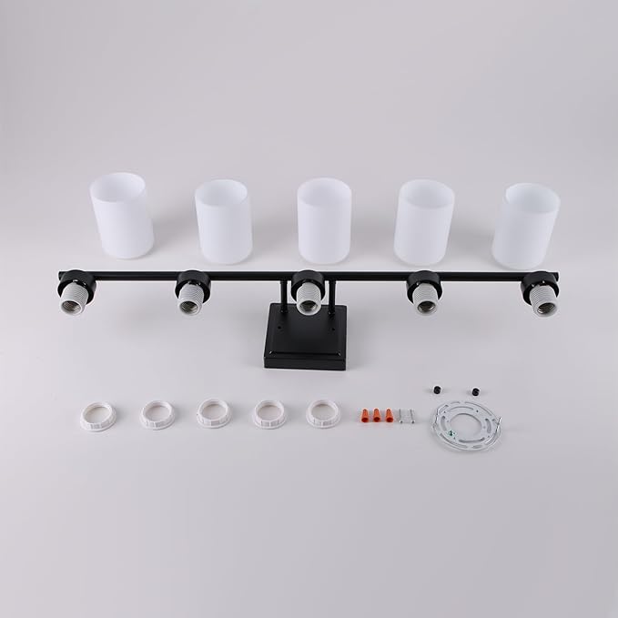 5 Light Bathroom Light Fixtures, 33.3 Inches Vanity Lights for Mirror, Black Vanity Lighting Fixtures with Milky White Glass Shades
