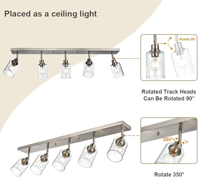 VINLUZ 5 Light Indoor Vanity Lights with Clear Glass Shade,Black Bathroom Spotlight Fixture with Rotatable Light Head Metal Ceiling Light Fixture