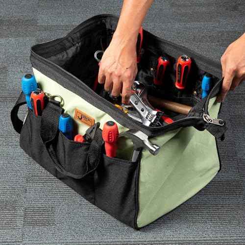 Jetech 17.5-Inch Heavy-Duty Electrician Tool Bag, Waterproof Top Wide Mouth Tools Storage Bag with Adjustable Shoulder Strap MultiPurpose Organizer Bag for Construction Gardening Man