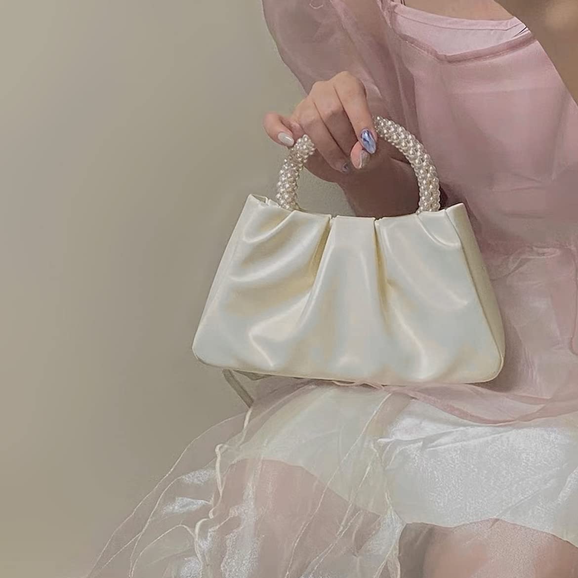 Beatfull Evening Purse Women Small Pearl Handbags Soft Leather Ruched Bag Wedding Bridal Clutch Party Prom Crossbody Purses White