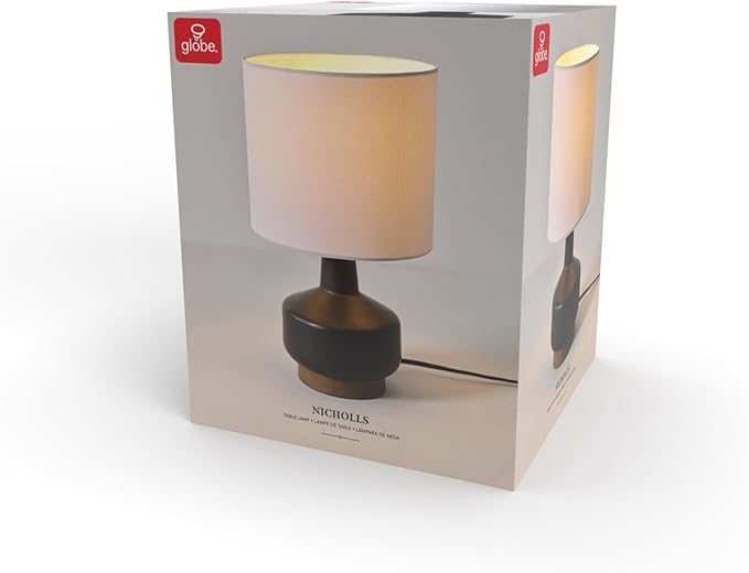 GLOBE Electric 61000046 15" Ceramic Table Lamp, Matte Black, Wood Toned Base, White Linen Shade, Dual Rotary Switch on Socket, Modern Lighting for Bedroom or Office, Home Décor, Lights for Nightstand