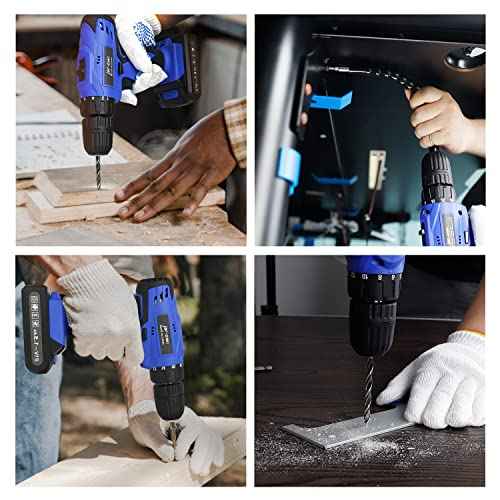 Jar-Owl 21V Cordless Drill, 350 in-lb Torque, 0-1350RMP Variable Speed, 10MM 3/8'' Keyless Chuck, 18+1 Clutch, 1.5Ah Li-Ion Battery & Charger for Home Tool Kit - Black & Blue
