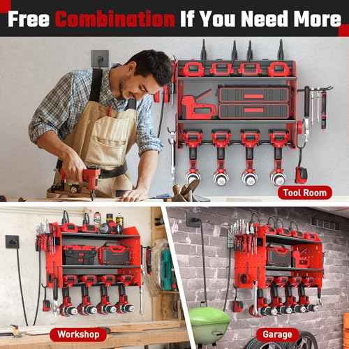 Power Tool Organizer with Charging Station, Heavy Duty 3 Layer Drill Holder Wall Mount Garage Shelf Rack with 6 Outlet Power Strip, Tool Shelf with Hooks, Drill Bit Rack for Garage, Red
