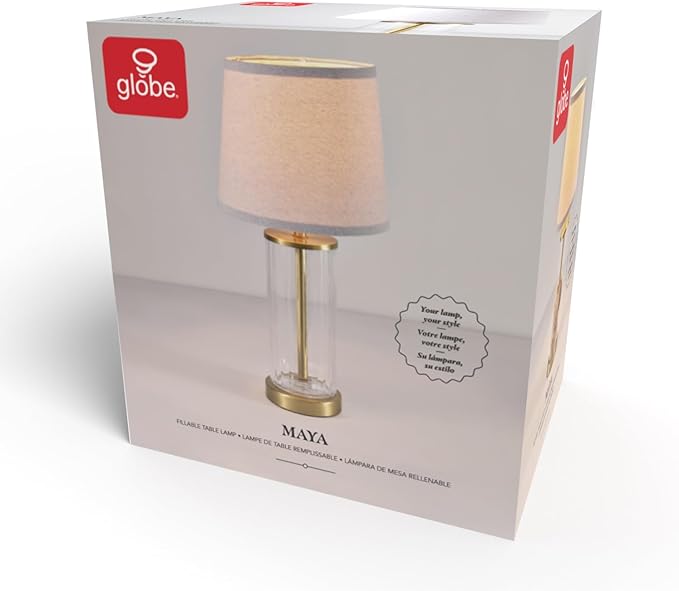 GLOBE Electric 61000063 20" Fillable Ribbed Glass Table Lamp, Matte Brass Accents, Beige Linen Shade, On/Off Rotary Switch on Socket, for Living Room, Bedroom, Office, Home Décor