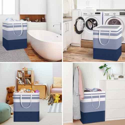 HomeHacks 2-Pack Large Laundry Basket, Waterproof, Freestanding Laundry Hamper, Collapsible Tall Clothes Hamper with Extended Handles for Clothes Toys in the Dorm and Family (Blue, 125L)
