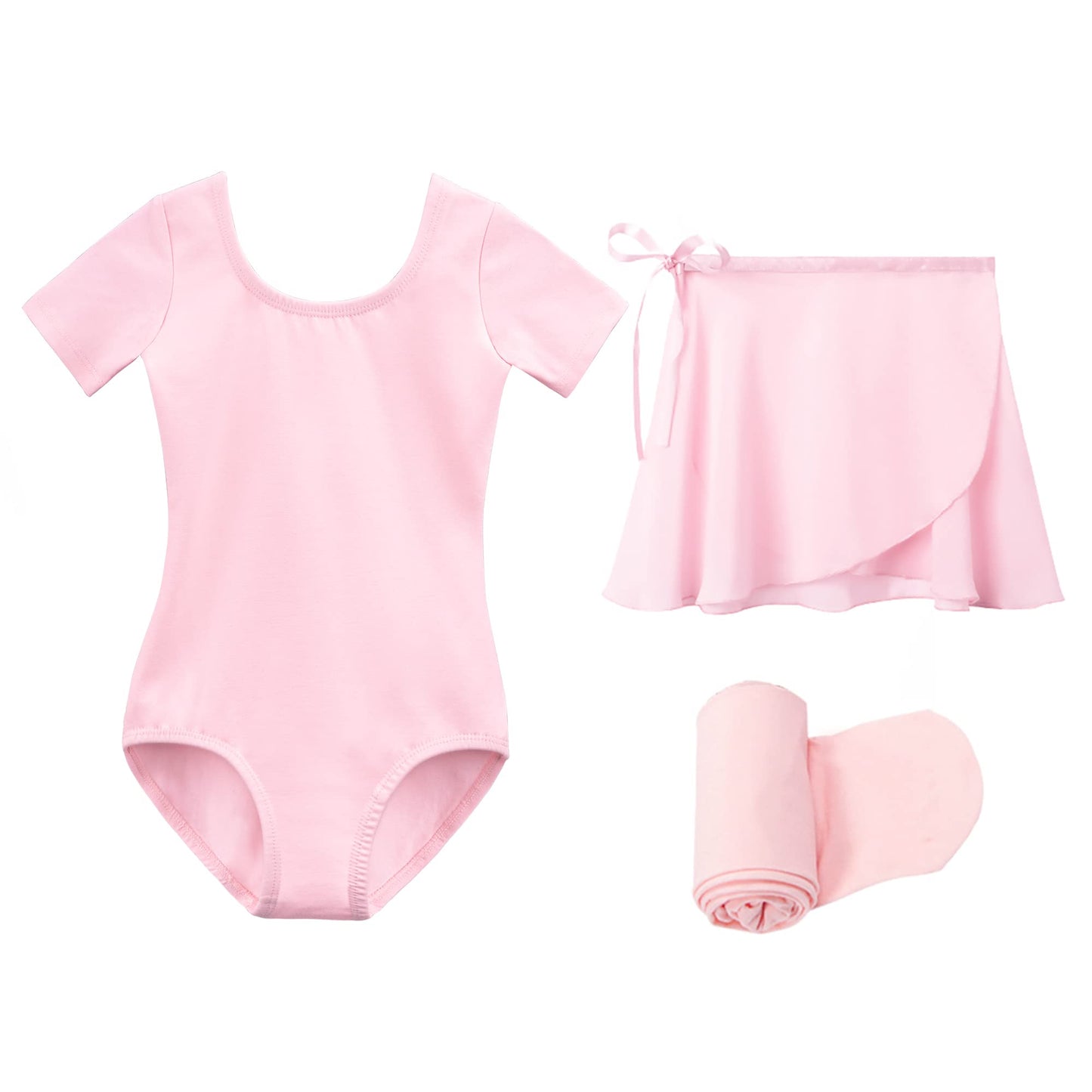 Stelle Girls Short Sleeve Dance Active Dress Ballet Leotard Combo with Dance Skirt and Dance Tight (Ballet Pink (Adjustable Tie), 110, 6 Years)