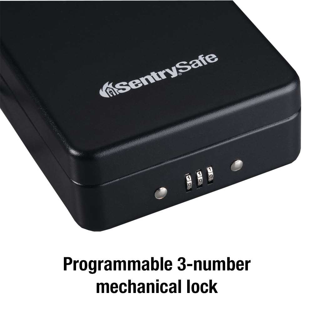 SentrySafe Small Safe, Black Lock Box with Combination Lock for Office or Dorm Secures Money, Passport, Jewelry, 0.05 Cubic Feet, Exterior: 2.6 in. H x 5.9 in. W x 8.0 in. D, P005C