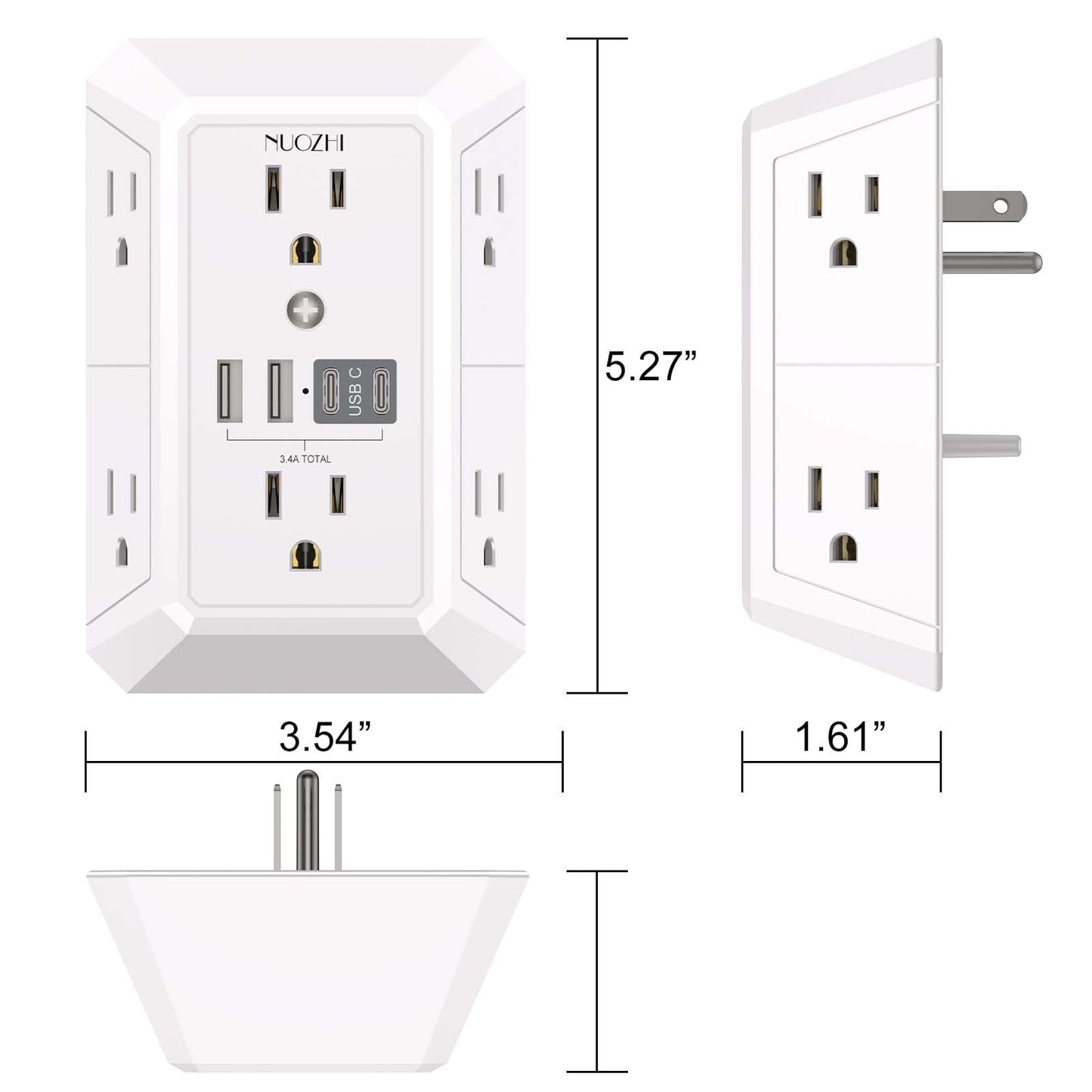 Outlet Extender Surge Protector - NUOZHI 6 Outlet Splitter with 4 USB Ports(2 USB-C), Multi Plug Wall Outlet 1680J Power Strip for Home Office Dorm Room Essentials, ETL, White