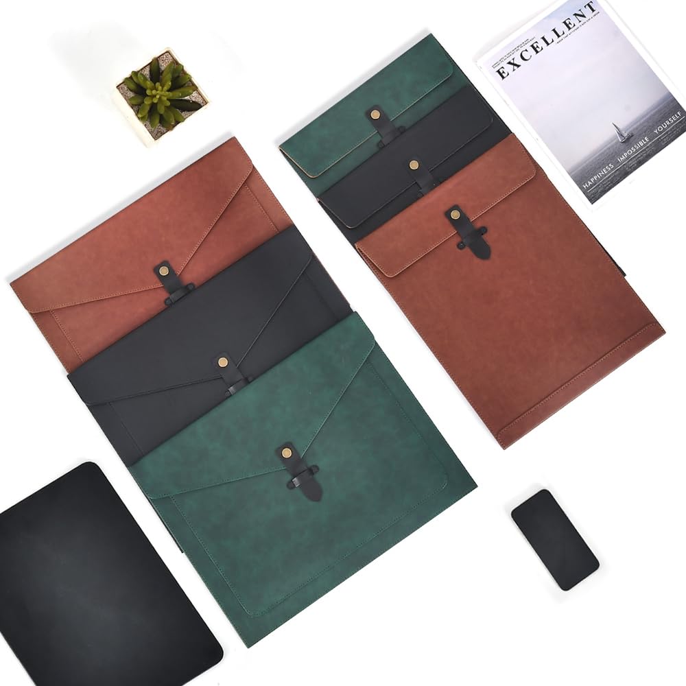 QiXin Brown PU Leather Thick File Folder, Snap Closure File Organizer, Thickened Important Document Folder with Pockets, Document Organizer, Laptop Sleeve Notebook Case, A4 Envelopes Filing Folder