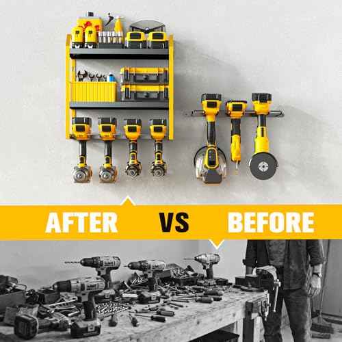 Power Tool Organizer Wall Mount with Extra Drill Holder, Yellow & Black Garage Storage Combo with Battery Storage, 4 Drill Slots Total, Heavy Duty Steel Tool Rack for Workshop Garage