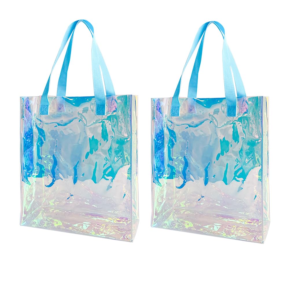 TotePrint Holographic Clear Tote Bag with Weave Handle Laser Waterproof PVC Beach Tote Gift Shopping Bag for Work Stadium Travel (Blue Handle)
