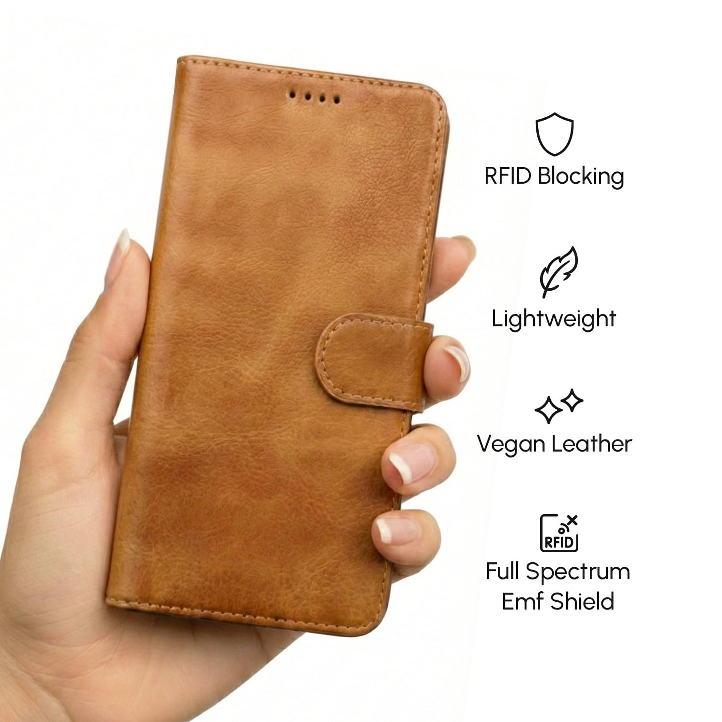 RadEnergy EMF Blocking Leather Phone Wallet Case for Samsung Galaxy A35 5G, FCC-Recognized & NVLAP-Accredited Lab Tested Up to 99% Radiation Reduction, RFID EMF Cell Phone Cover, Removable Case, Brown