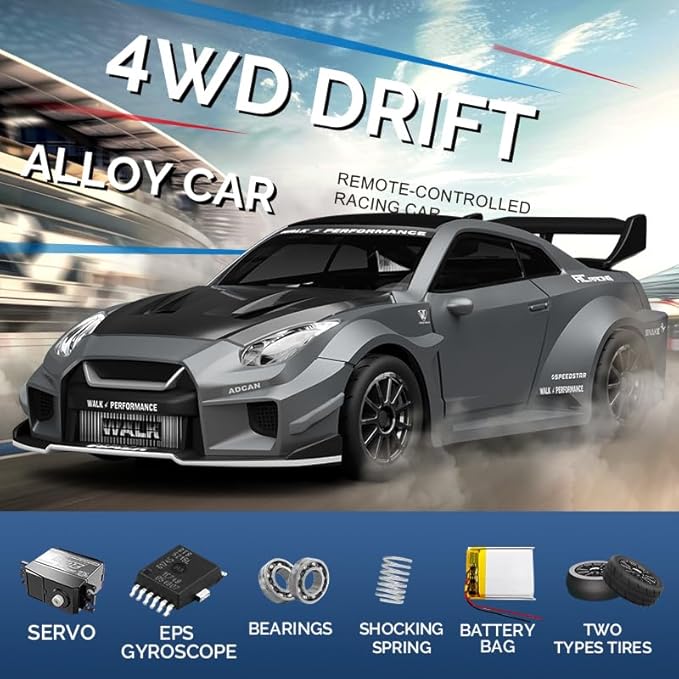 1/43 Scale RC Drift Car 2.4G Full Proportional 4WD Remote Control Car with Gyro Adjustable Speed & LED Lights Alloy RC Vehicle for Adult