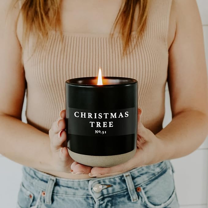 Sweet Water Decor Christmas Tree Soy Candle | Spruce, Pine Needles, Evergreen, Spearmint, Cinnamon and Cypress Scented Candles for Home | 12oz Black Stoneware Jar, 60+ Hour Burn Time, Made in The USA