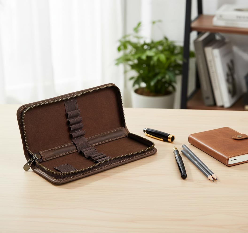 Acidea Genuine Leather Pencil Case Organizer, Coffee Style Leather Storage Pen Pouch for Pencils, Markers, Pens and Art Supplies, 10 Wooden Pencils Portable Pen Case Storage for Man Woman Office