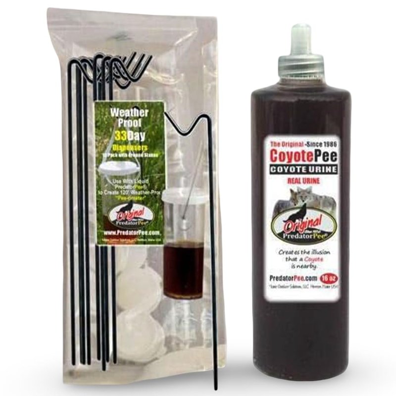PredatorPee 100% Coyote Urine EZ Fill Squeeze Cap Bottle with 33 Day Dispensers, Territorial Marking Scent for Outdoor Use, Creates Predator Presence Illusion for Deer Raccoons Groundhogs Rats, 16 Oz