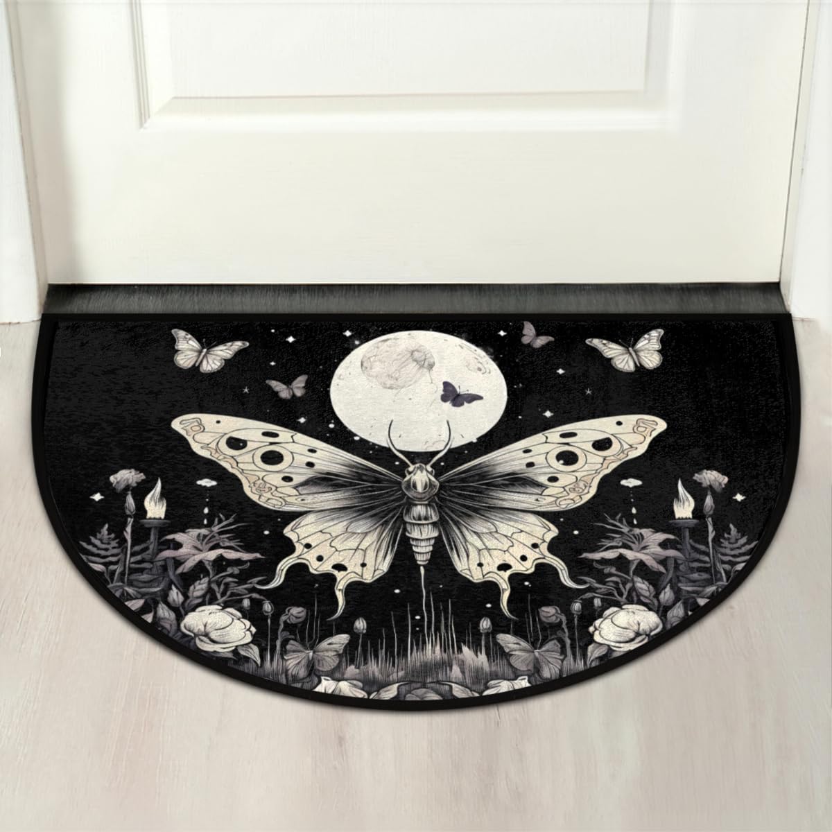 DXTKWL Retro Gothic Butterfly Half Round Door Mat Indoor Entrance, Moon Flower Non Slip Absorbent Doormats 24 x 36 inch Semi Circle Door Floor Mats Area Rugs for Home Kitchen Patio