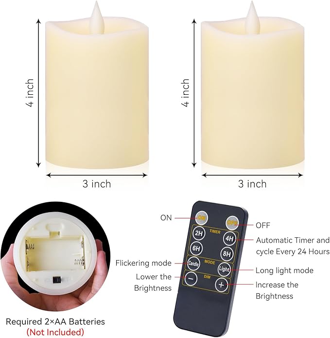 3"x4" Flickering Flameless Battery Candles with Timer, Ivory Realistic LED Pillar Candles, Set of 2 Large Remote-Operated Candles for Home Indoor/Outdoor & Holiday Decor