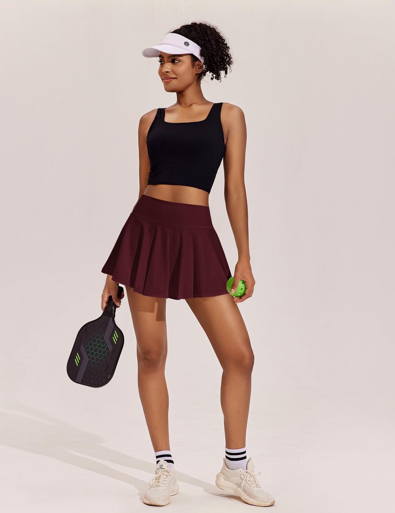 PINSPARK Tennis Skirts for Women High Waisted Athletic Golf Skorts with Pockets Shorts Quick Dry Pickleball Skirt, Red Merlot Large