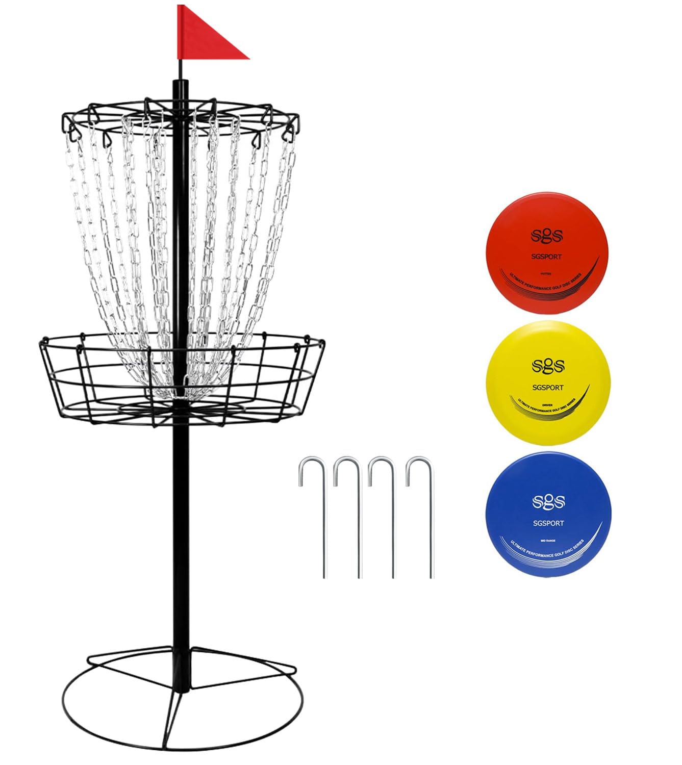 Disc Golf Basket - Portable Disc Golf Target with Heavy Duty 24-Chains Come with 3pcs Disc Golf Discs and Ground Stake -Suitable for Players of All Levels - Multi Color Available
