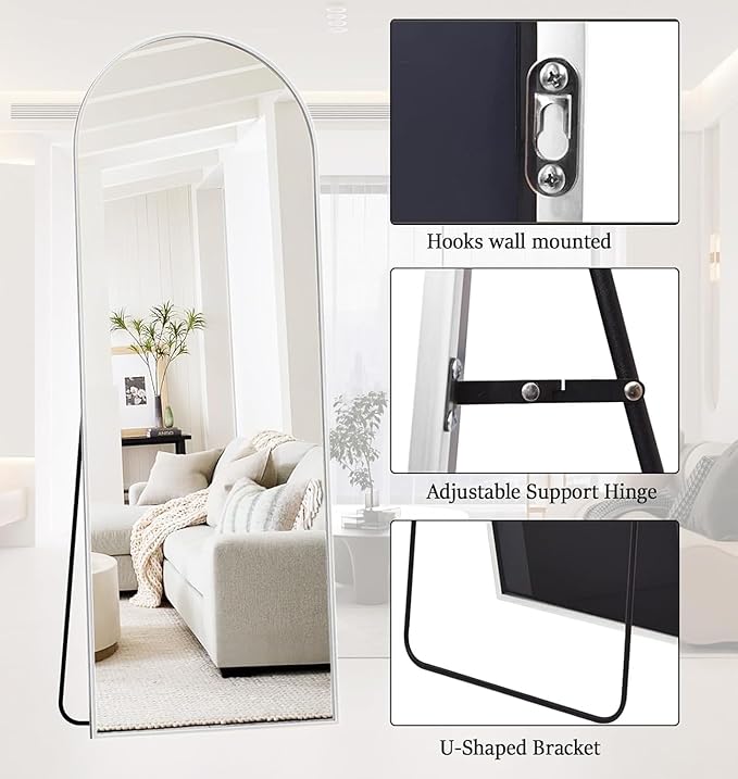 Full Length Mirror, 64"x21" Arched-Top Floor Mirror, Modern Full Body Mirrors with Stand, Wall Mirrors with Aluminum Alloy Frame for Bedroom,Living Room, White