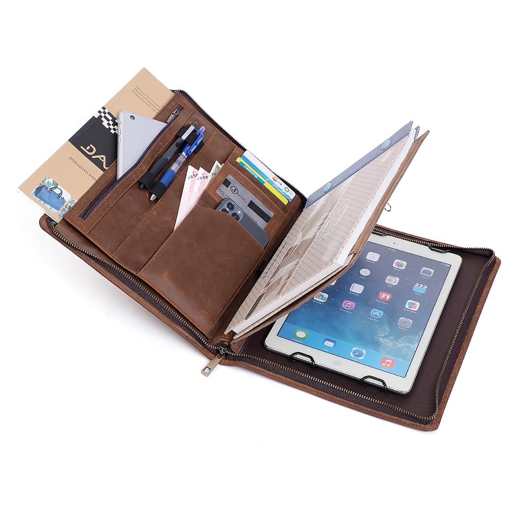 Crazy Horse Leather Portfolio Binder with 3-Zipper, Executive Padfolio Business Organizer & Resume Portfolio with iPad Holder, Legal Pad Portfolio for Men, Meetings, Interviews & Business Travel