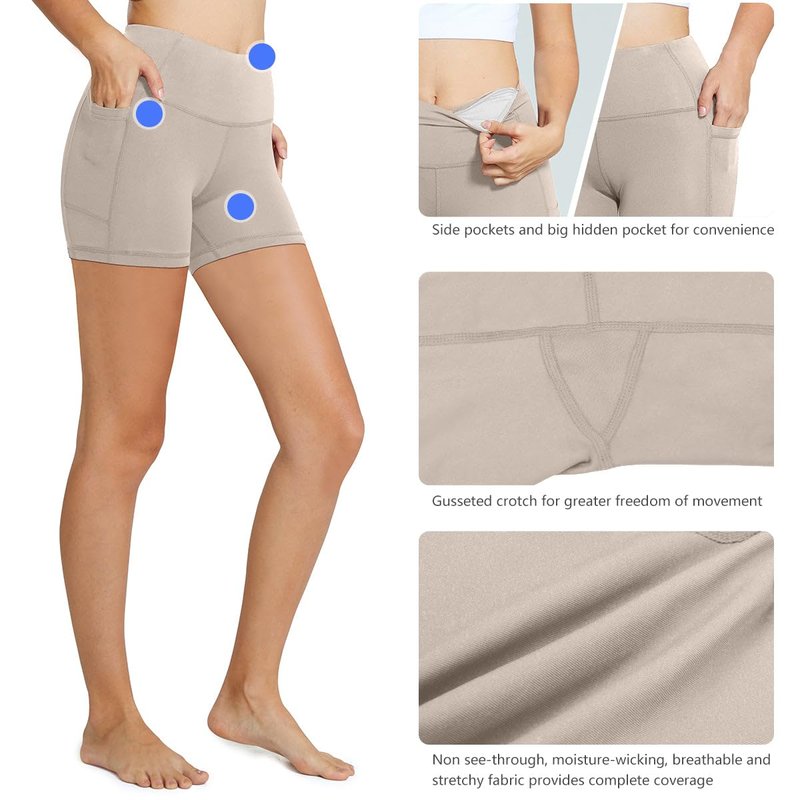 baleaf Workout Shorts Women 5" Biker Yoga Gym Spandex Running Volleyball Compression Short with Pockets Khaki XXL