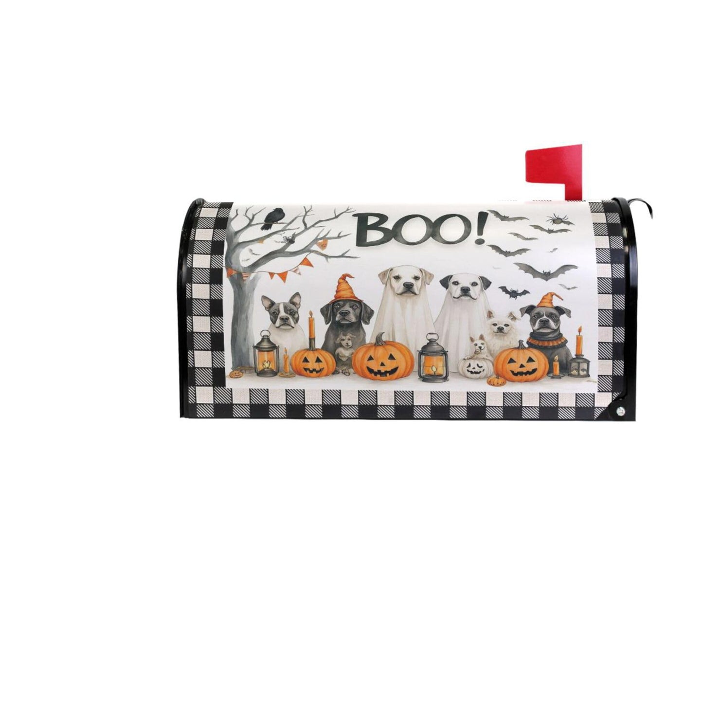 Happy Halloween Dogs Magnetic Mailbox Covers Spooky Bat Raven Pumpkin Buffalo Plaid Mailbox Cover Standard Size Full Magnet Garden Yard Porch Mail Boxes Cover Holiday Decorations 21" L x 18" W