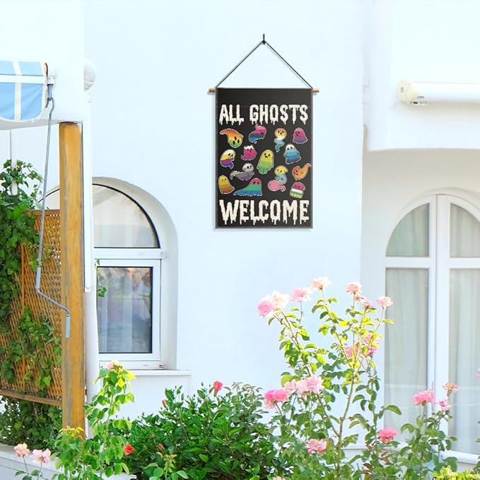 All Ghosts Welcome Garden Flag, Funny Ghost Yard Sign for Outside, LGBT Trans Pride Ally Flag, Spooky Fall Season Lawn Porch Halloween Decoration for Family Friend