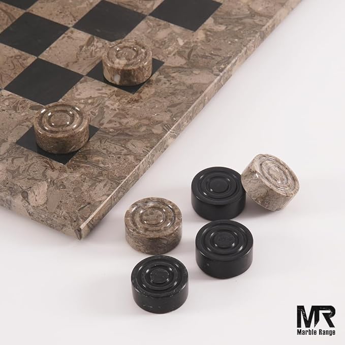 Marble Checkers Board Game 15 Inches Oceanic and Black Handmade 2-Player Tournament Checker Set Board Game Set – Elegant Holiday