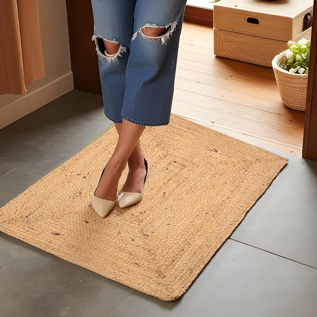 INDIAN ARTISTIC Jute Cotton Rag Rug 2X3 ft | Hand Woven & Reversible | Living Room | Kitchen | Jute Burlap Cotton 24x36 inch | Rustic Look | Natural Look | Runner 2 * 3 Feet