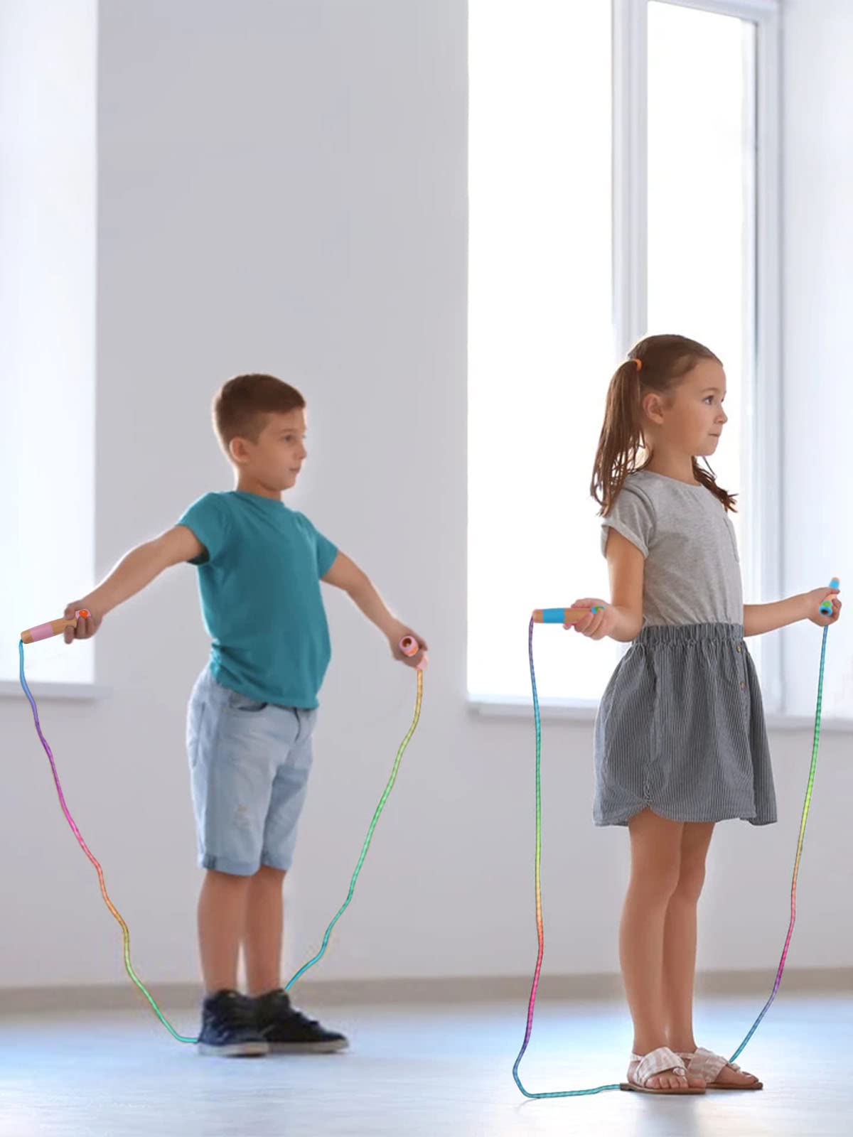 2 Pcs Jump Rope for Kids Adjustable, Lorvain Rainbow Skipping Rope, Kids Jump Ropes with Wooden Handle for Girls Boys, Weighted Jumping Ropes for Fitness Workout Exercise Outdoor Fun Activity
