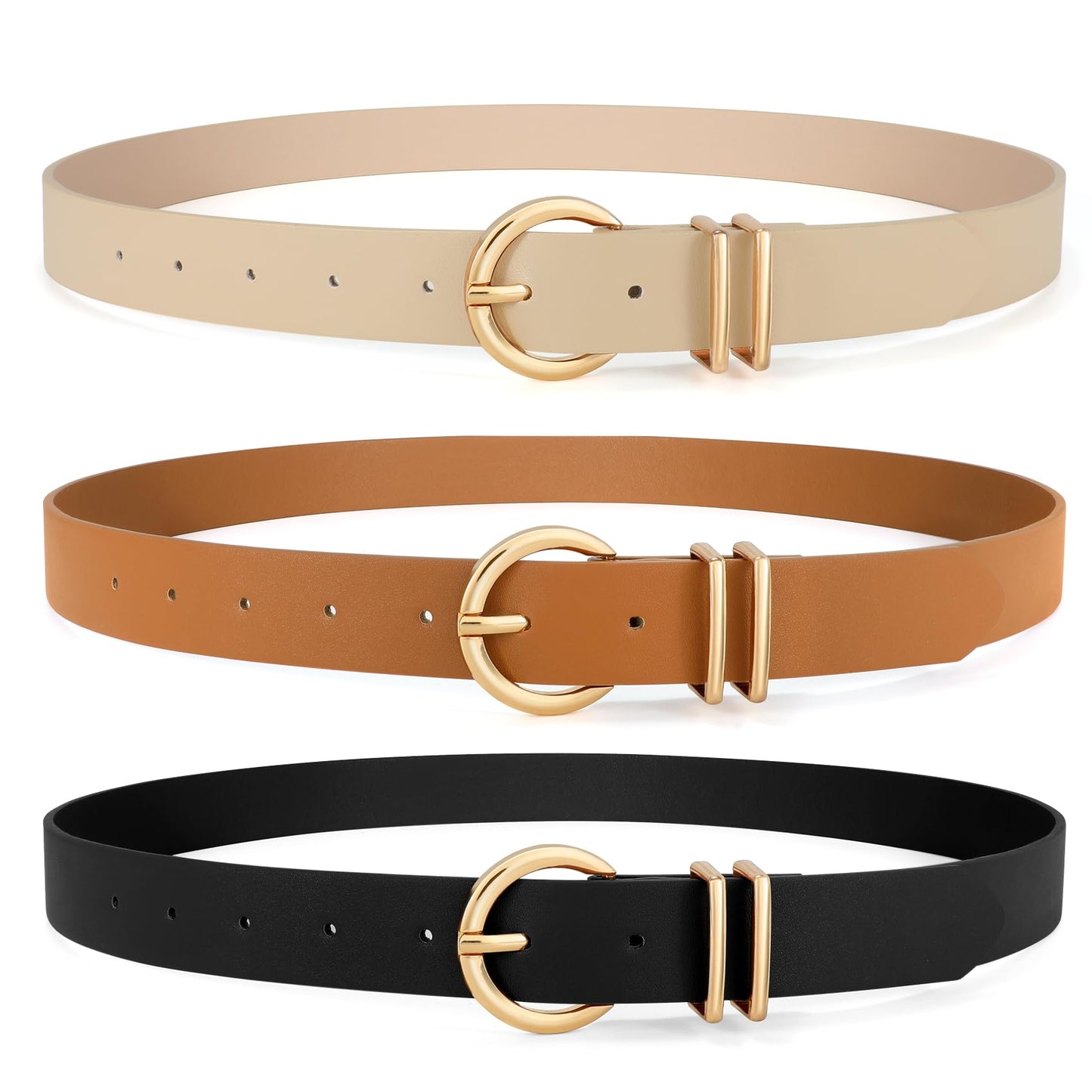 VONMELLI 3 Pack Women's Belts for Jeans Dresses Leather Belts for Women Ladies Waist Belt with Gold Buckle, Black Brown Beige S
