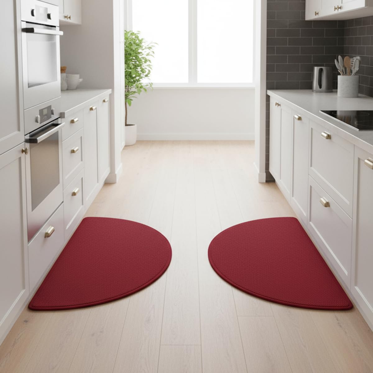 Nanstone Half Circle Red Kitchen Rugs,2 Pack 17”x30”, Non-Slip Water Oil Absorbent Kitchen Mats, Machine Washable Floor Protector,Braided Quick Dry Kitchen Standing Mat for in Christmas Holiday