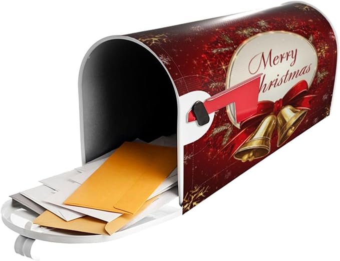 Festive Magnetic Mailbox Cover Red Christmas Bell Pattern Outdoor Mailbox Protector Holiday Seasonal Decorative Garden Yard Home Standard Size 21 x 18 Inch